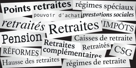 Mots symbolisant les réformes sur l’âge de départ à la retraite et le pouvoir d’achat des retraités