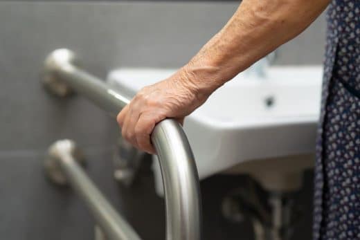 Asian Senior Or Elderly Old Lady Woman Patient Use Toilet Bathroom Handle Security In Nursing Hospital Ward : Healthy Strong Medical Concept.