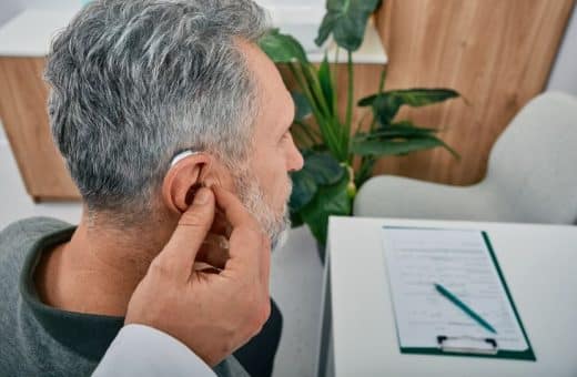 Audiologiste Installe Une Aide Auditive Sur L’oreille D’un Homme Senior Sourd Lors D’une Visite Dans Une Clinique