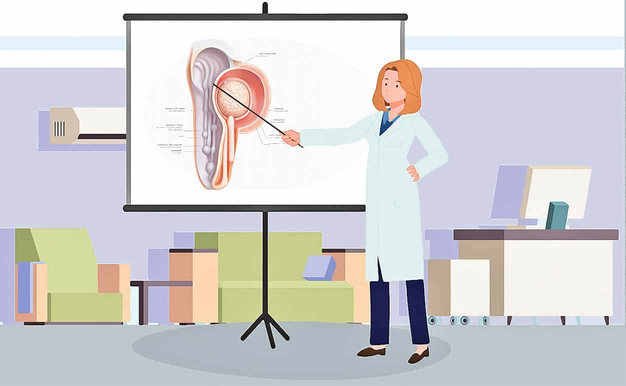 illustration medecin montre les parties d une Cystocele 